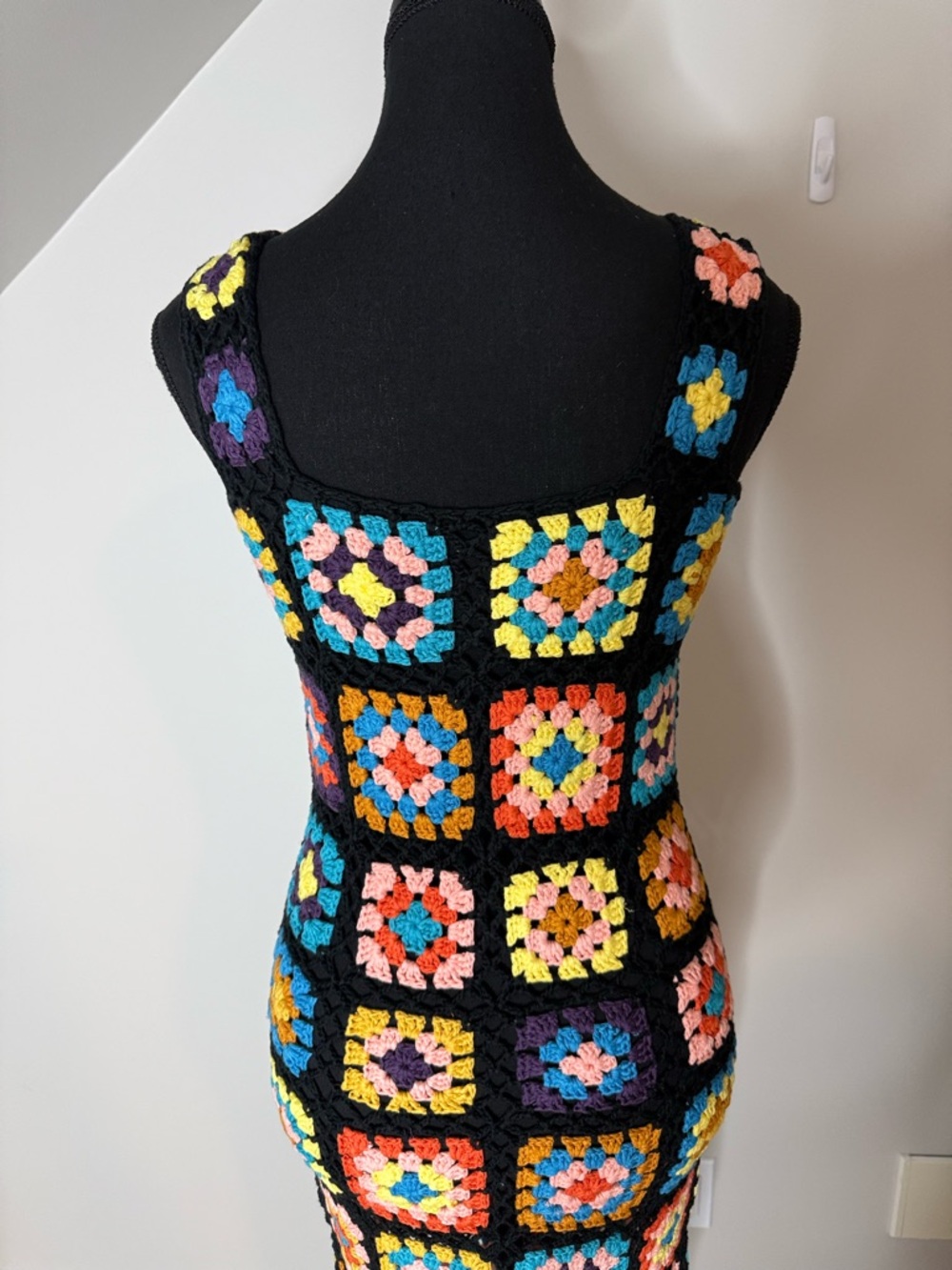 Crochet Knit Granny Square Button Down Maxi Dress Black Sleeveless Boho Medium - Picture 11 of 12